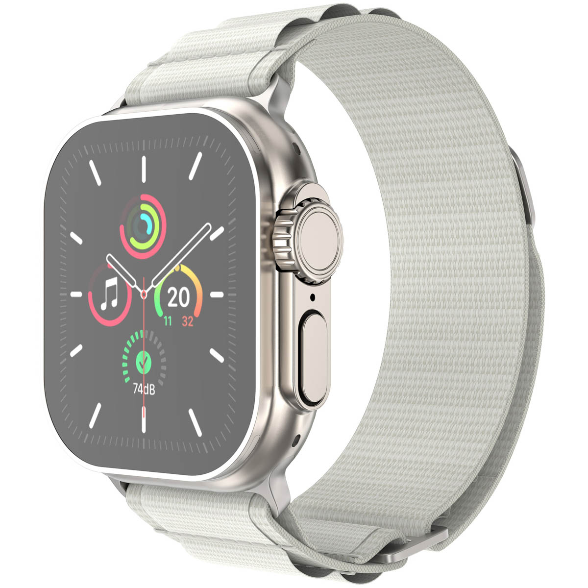 Zilveren Apple Watch met lichtgrijze band. Horloge toont tijd en andere meetwaarden.