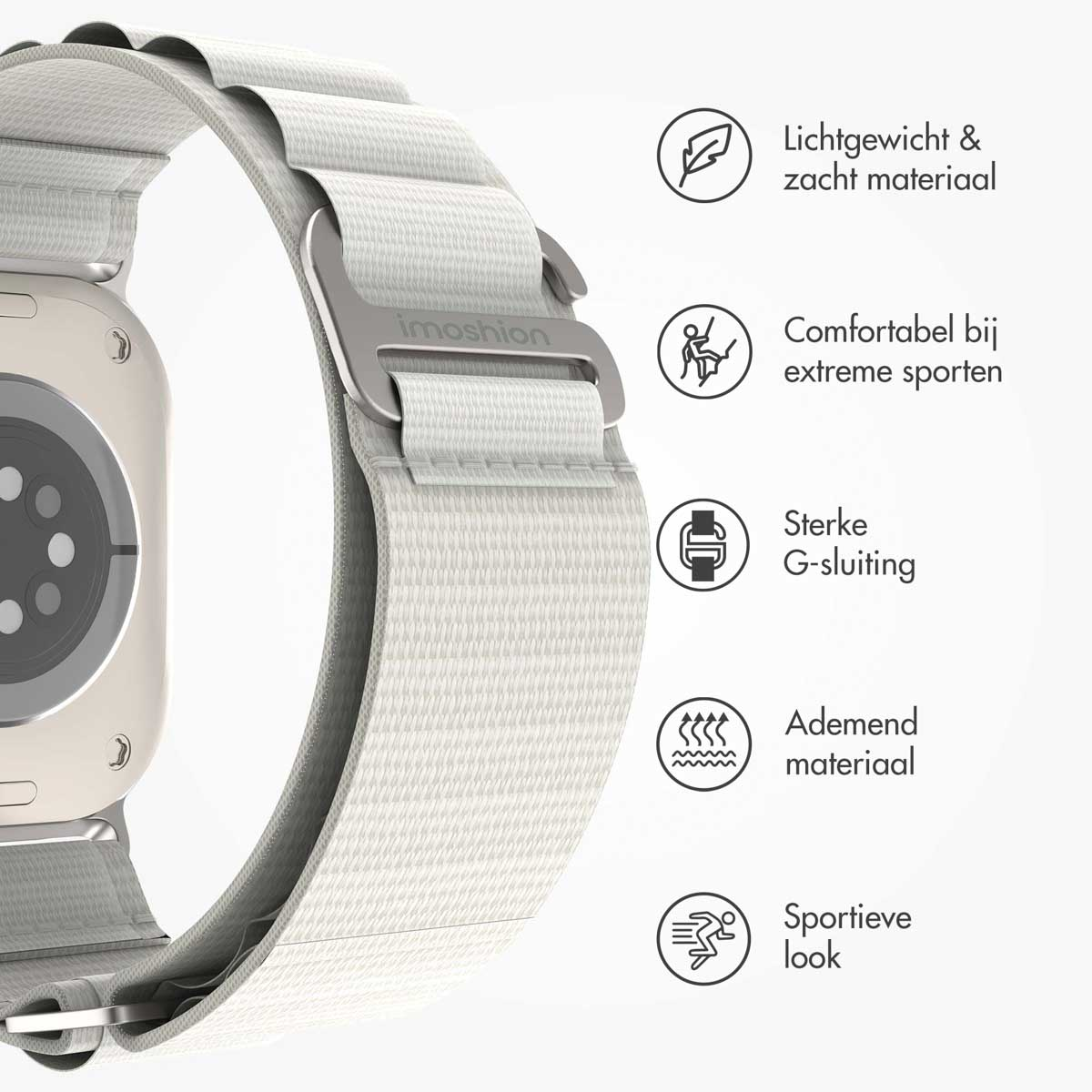 Zilveren Apple Watch met een witte stoffen band. Pictogrammen tonen de kenmerken.