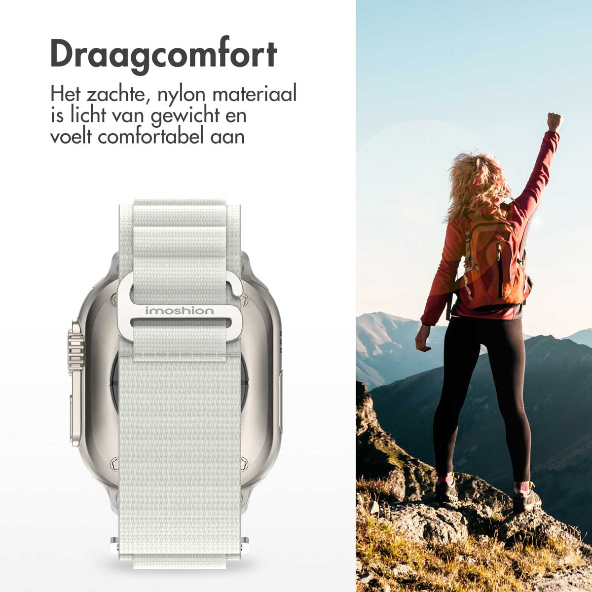 Witte horlogeband op zilveren smartwatch, met vrouw staand op berg met armen omhoog.