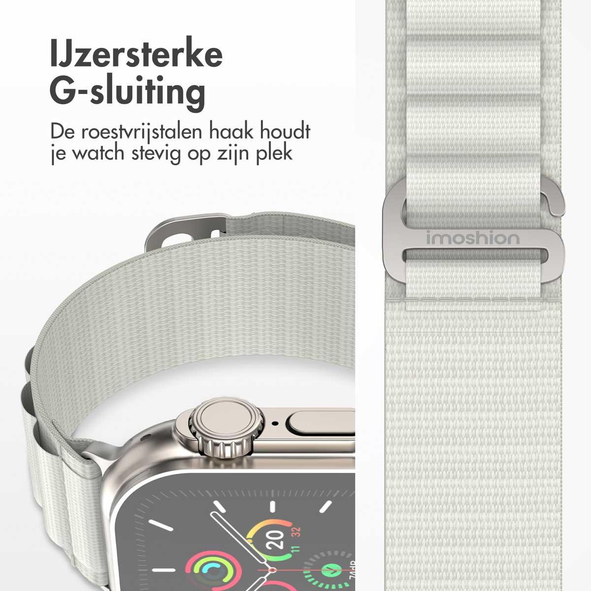 Apple Watch met off-white band en metalen sluiting. Close-up van de wijzerplaat.