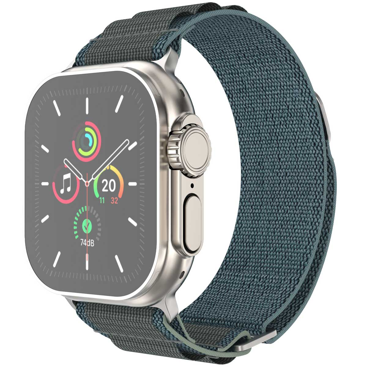 Smartwatch met een blauwe stoffen band. Het horloge toont tijd- en activiteitsgegevens.