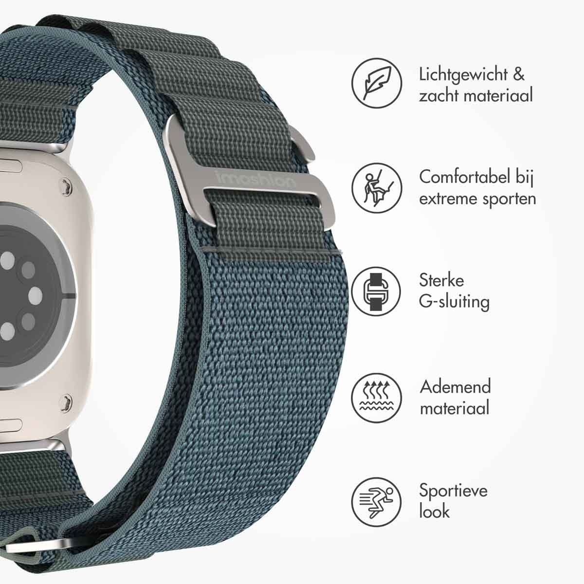 Blauwe horlogeband met een G-sluiting. Iconen tonen: lichtgewicht, sportcomfort, sterke sluiting, ademend, sportieve look.