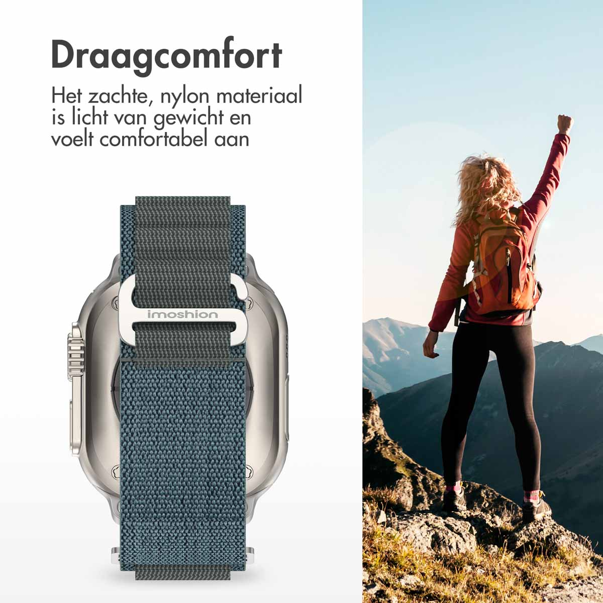 Grijze horlogeband op zilveren smartwatch, met vrouw staand op berg met armen omhoog.