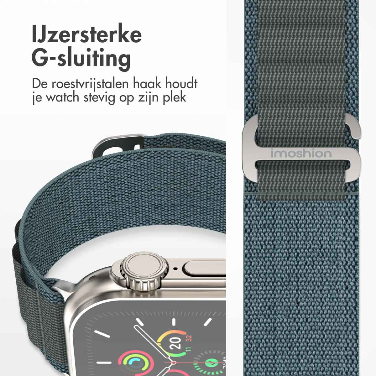 Close-up van een horloge met een blauw-grijze stoffen band. De band heeft een zilveren gesp. De wijzerplaat is zichtbaar.
