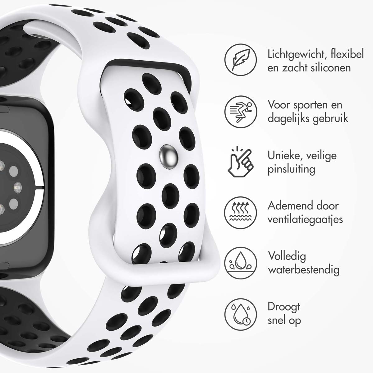 White Apple Watch band with black perforations. Icons show features like ventilation and water resistance.