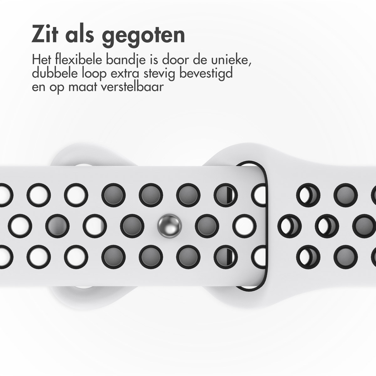 Close-up of a white watch strap with black and white holes. A silver metal ball is in the middle. Text is in the top left corner.