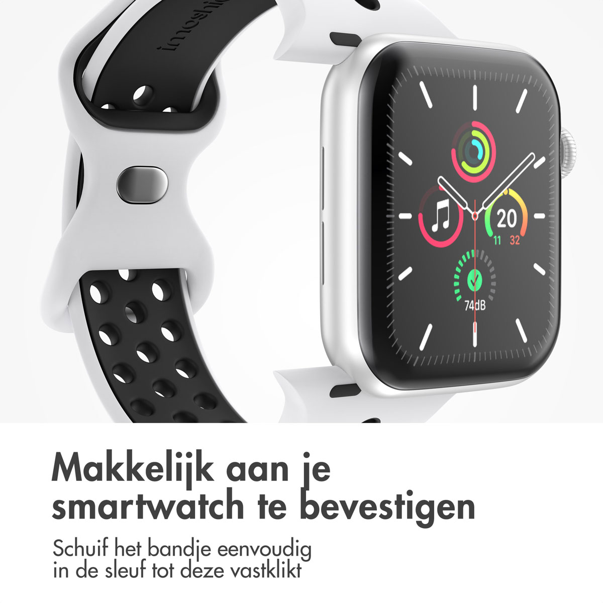 A smartwatch with a white strap and a black screen displaying time and app icons. The strap has a black interior with small holes.
