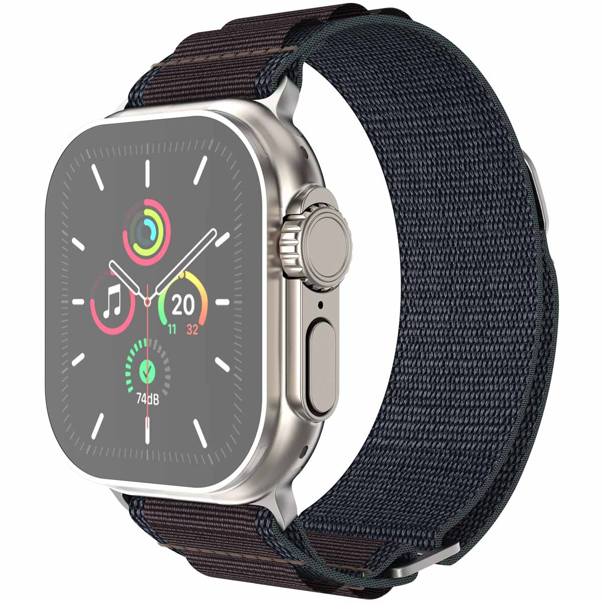 Zilveren horloge met een donkerblauwe stoffen band. De wijzerplaat geeft informatie weer. De band wikkelt zich om het horloge.
