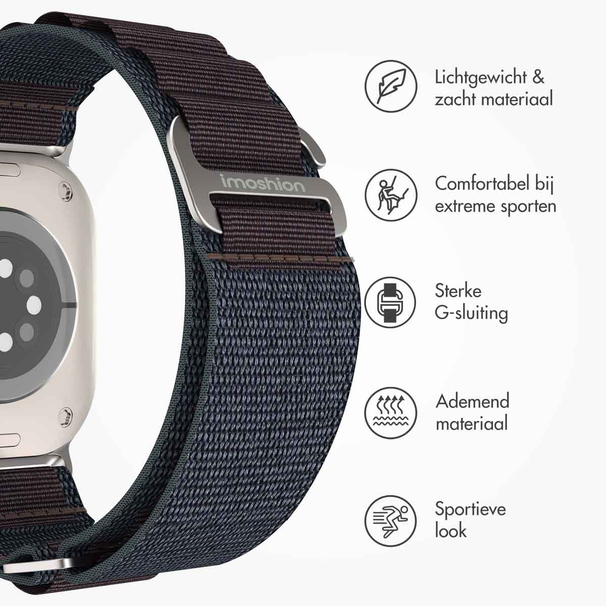 Smartwatch met een blauw-grijze stoffen band, met informatie-iconen weergegeven.