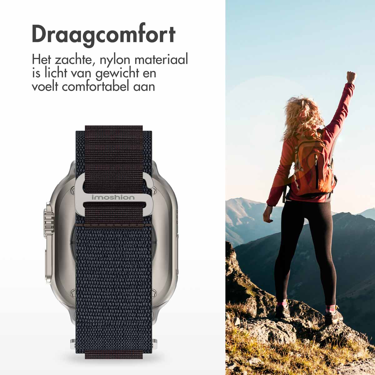 Een smartwatch met een marineblauwe band. Een vrouw heft haar arm triomfantelijk.