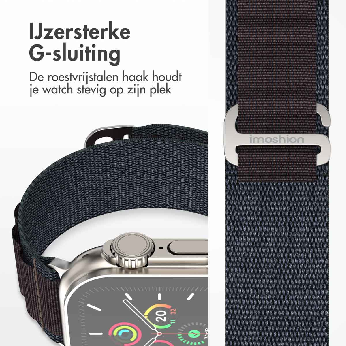 Horloge met donkere band en metalen sluiting. Toont het G-gesp detail.