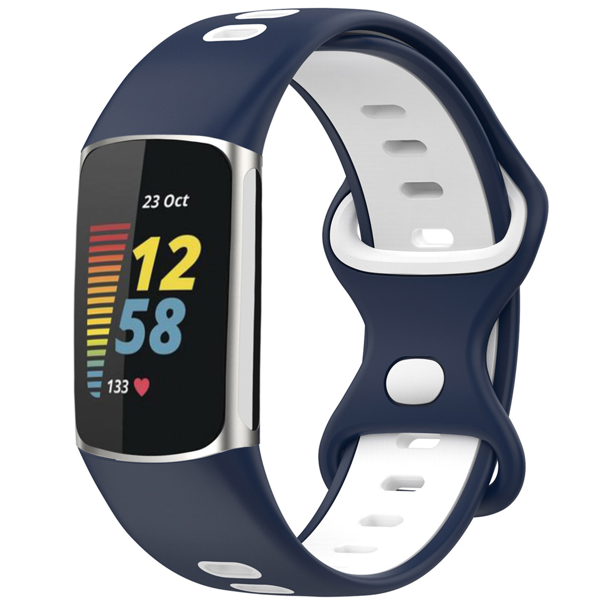 Dark blue smartwatch with white band, displaying 12:58 and 133 heart rate.