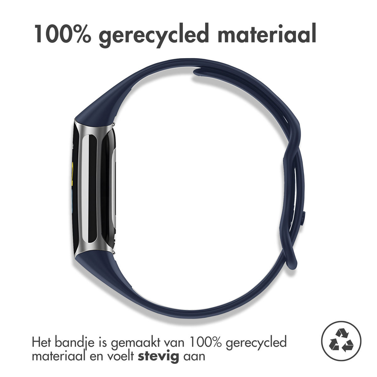 Dark blue strap made of 100% recycled material with silver accents.