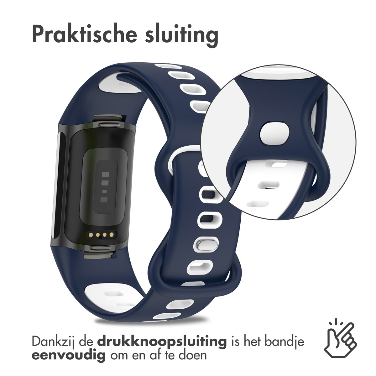 Dark blue wristband with white insert and snap closure. Close-up of the closure mechanism.