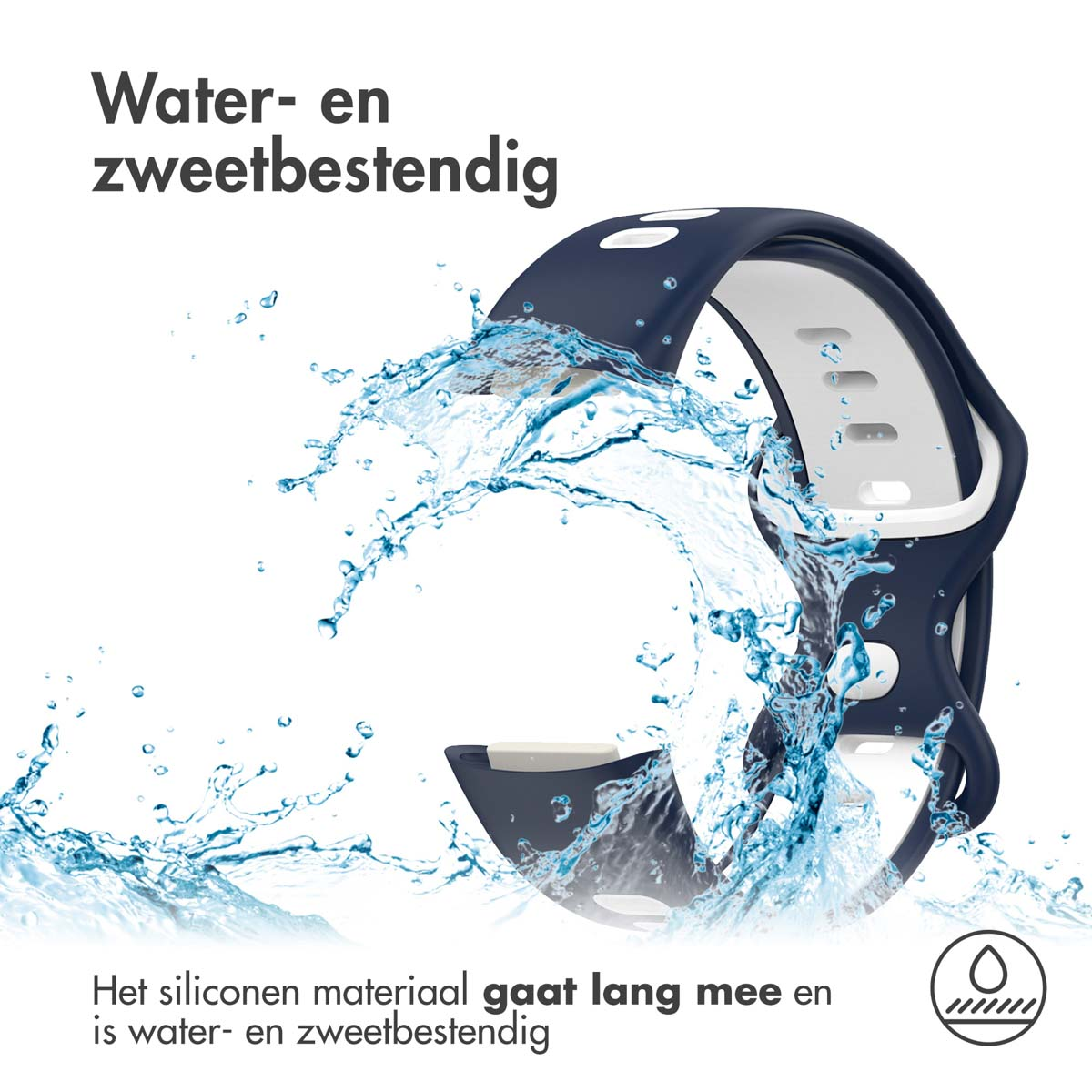 Dark blue watch band with water splashes, water and sweat resistant.