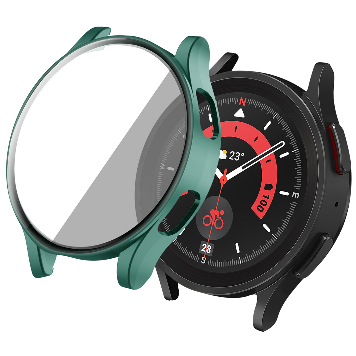 Green protective case on a black smartwatch. The watch face is visible, with icons.