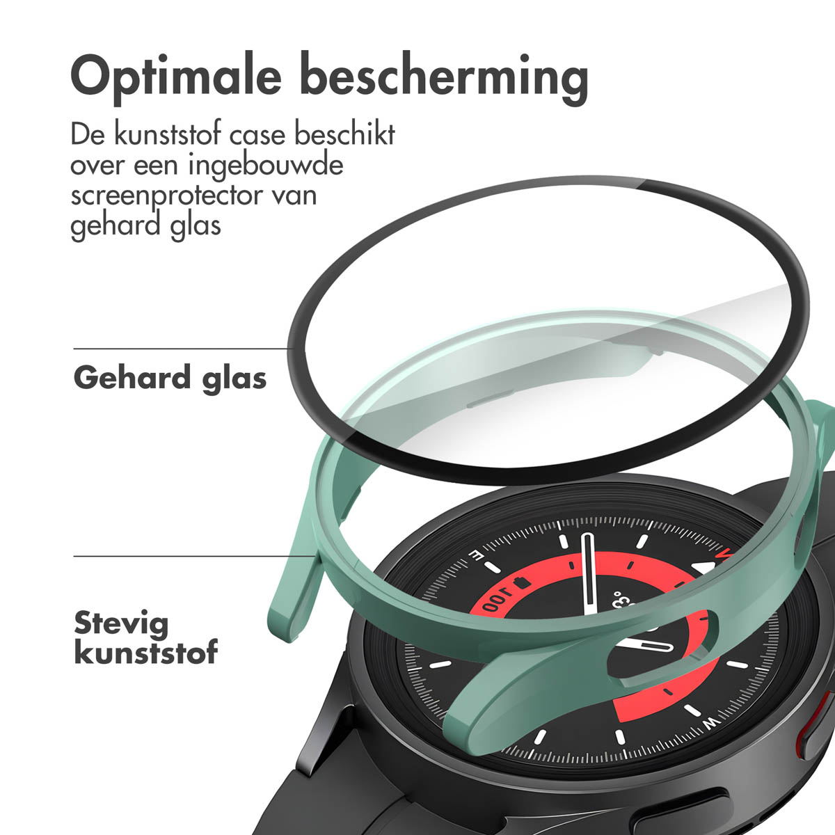 Watch with a green case and clear screen protector. Features are highlighted with text labels.
