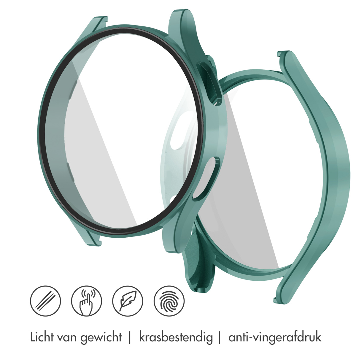 Two teal watch case covers. Text: Lightweight, scratch-resistant, anti-fingerprint.