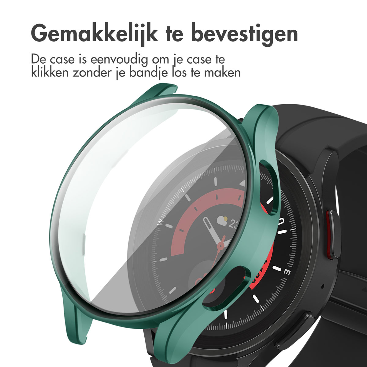 Black smartwatch with a green protective case. The case is easily installed, protecting the watch face.