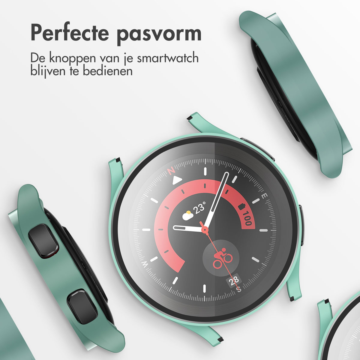 Green smartwatch with cases. The watch displays a red and black interface.