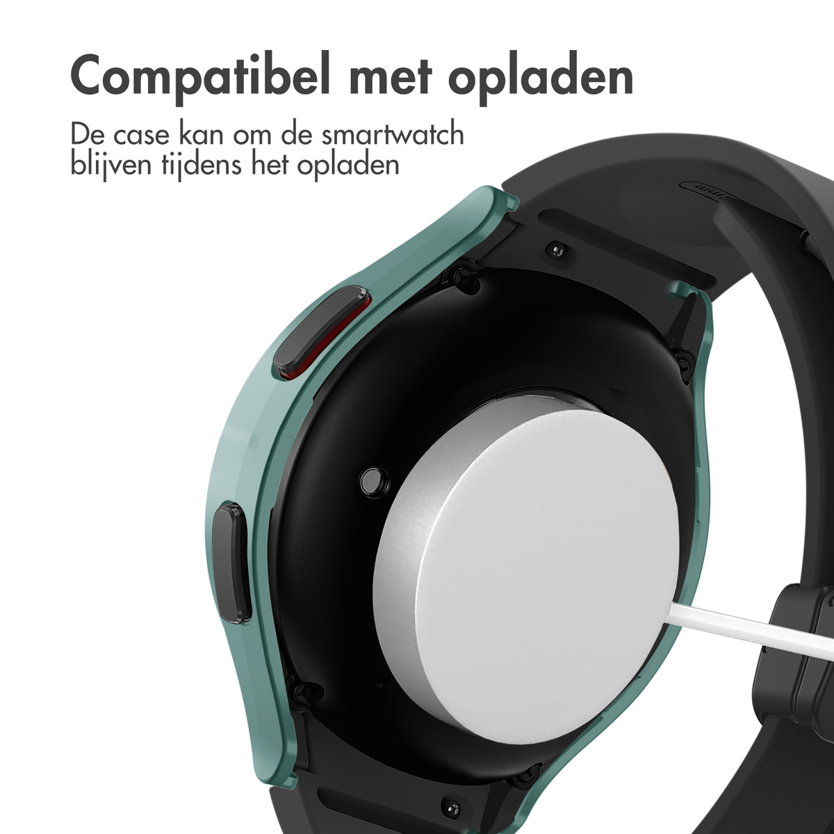 Close-up of a black smartwatch being charged. A green case surrounds the watch.