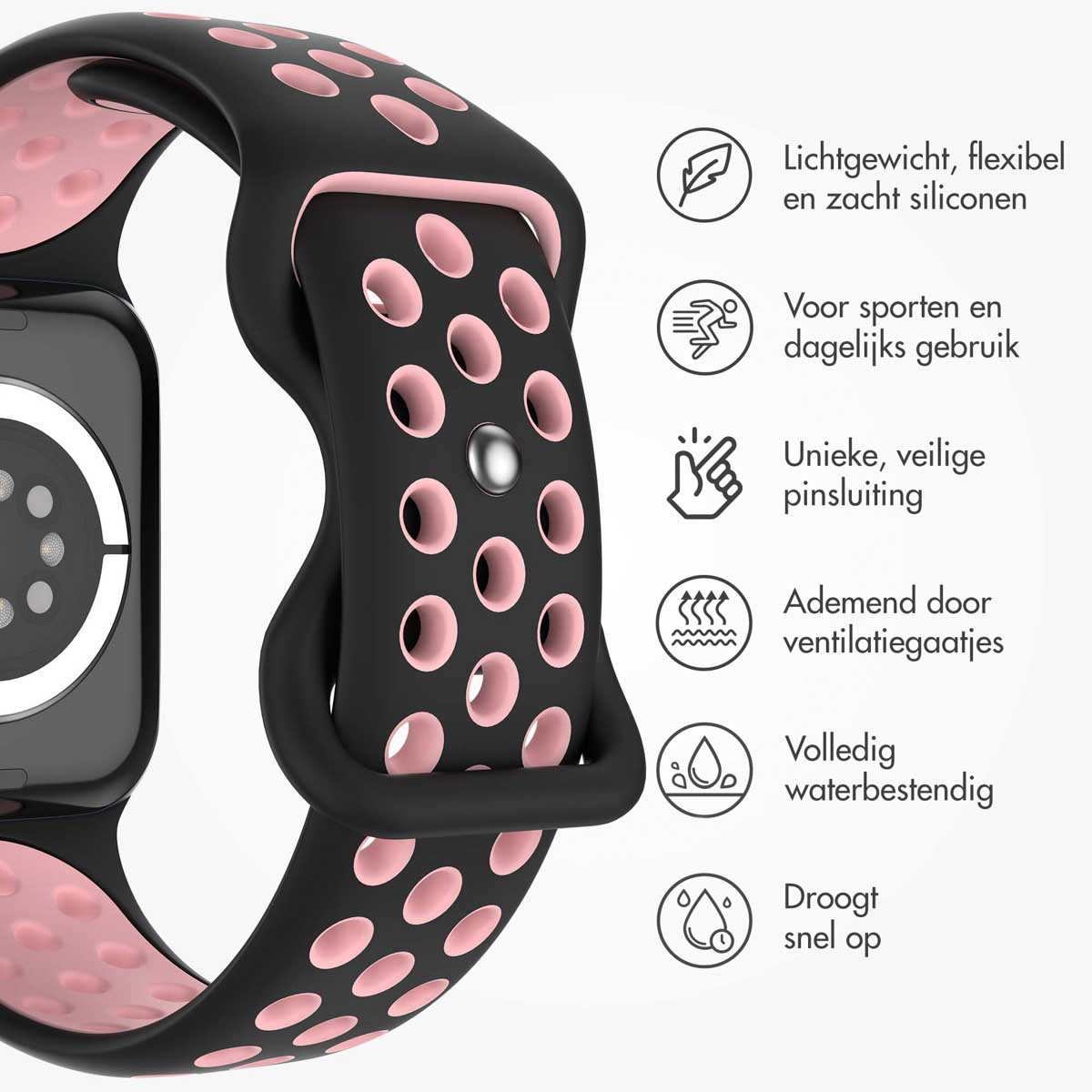 Close-up of a black and pink watch band with holes and feature icons.