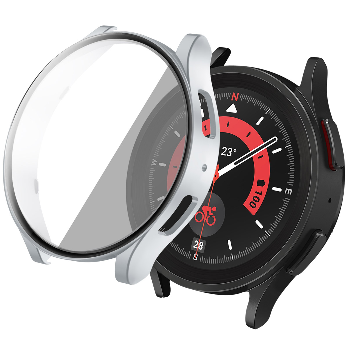 Horloge met beschermhoes, toont de wijzerplaat. De hoes is open. Zwarte en rode details.