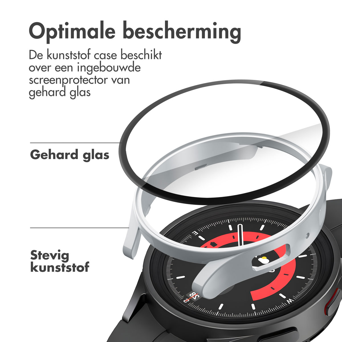 Apple Watch met een beschermhoes. Hoes is wit en transparant. Tekst: 'Optimale bescherming' en 'Gehard glas'.