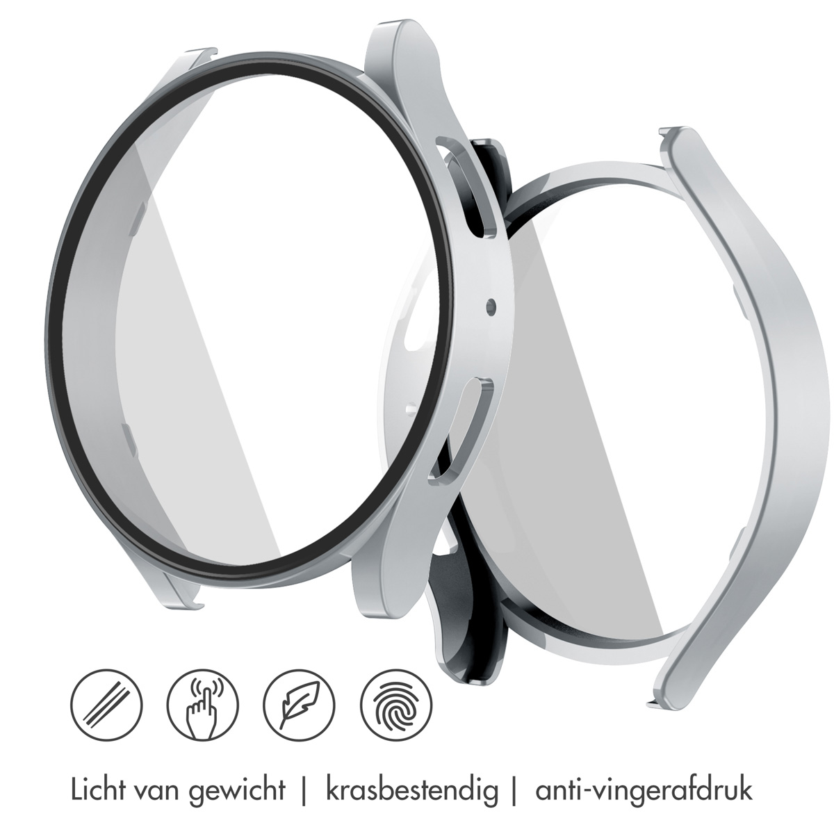 Twee zilverkleurige horlogebeschermers met doorzichtige inzetstukken.