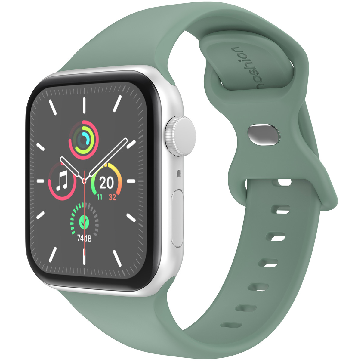 A green Apple Watch with a matching band. The watch face displays time and activity data.