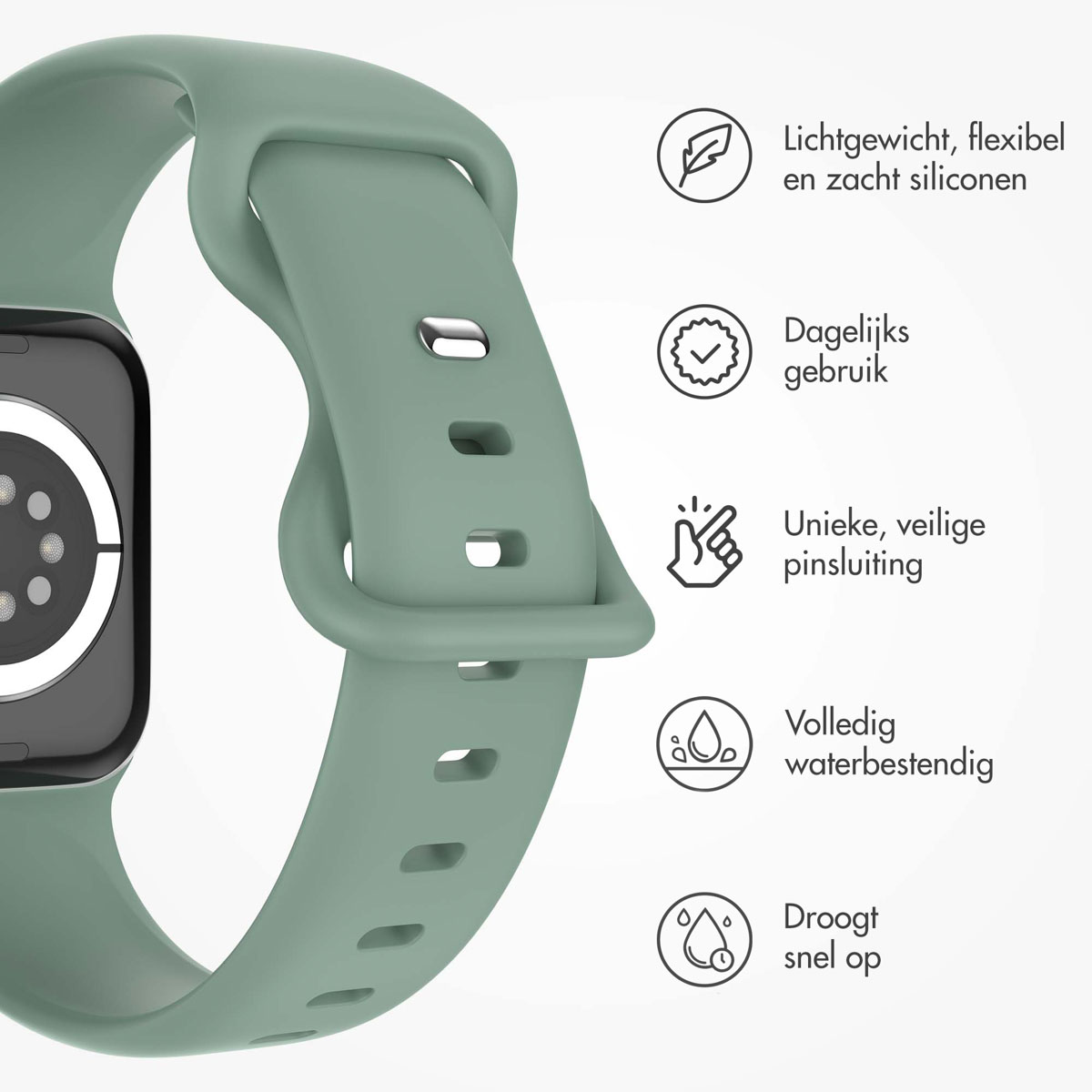 Green watch band on a silver Apple Watch. Features: lightweight, flexible silicone, water resistant, dries fast.
