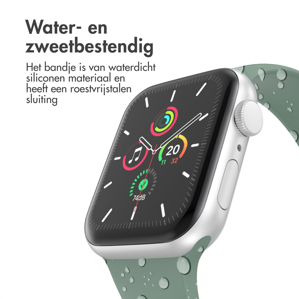 Silver Apple Watch with a green silicone strap. The watch face displays time and app icons. Water- and sweat-resistant.