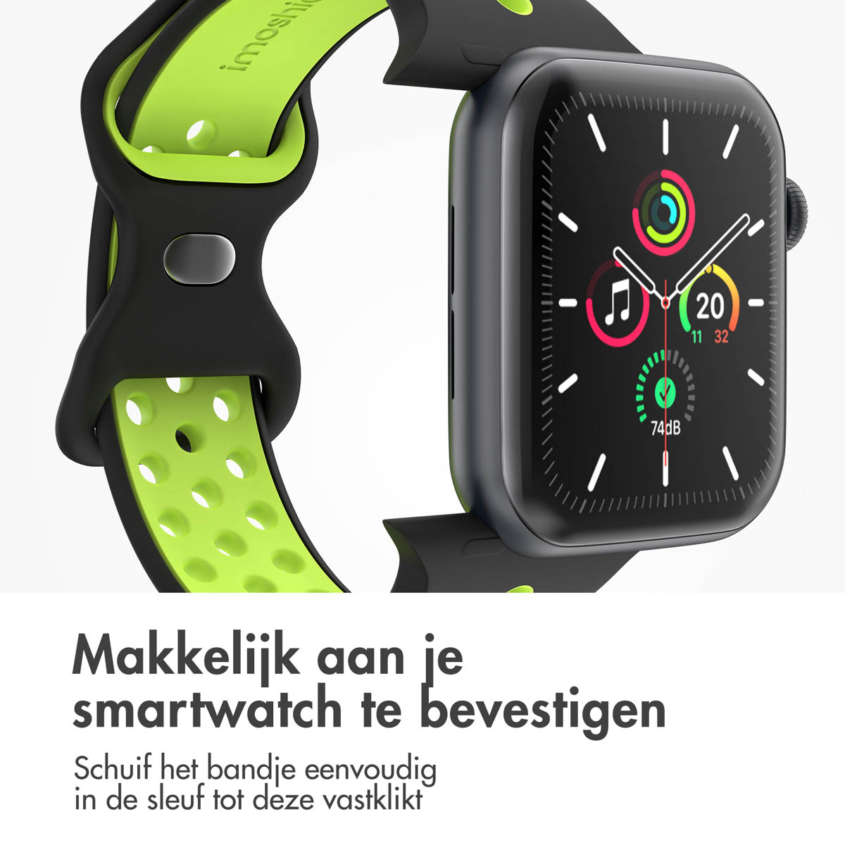 Black and green smartwatch band with detachable part on a smartwatch.