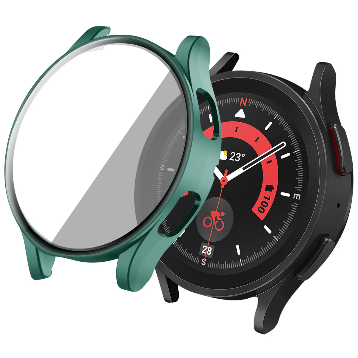 Zwarte smartwatch en groene hoes. De hoes is open om de wijzerplaat te laten zien.