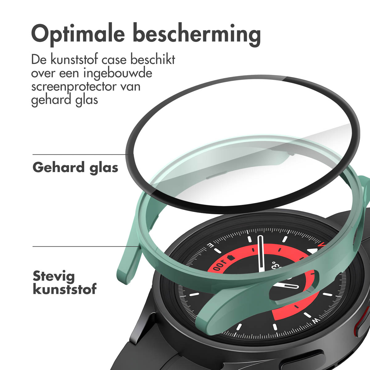 Close-up van een smartwatch met een beschermhoesje. De hoes is groen en transparant.