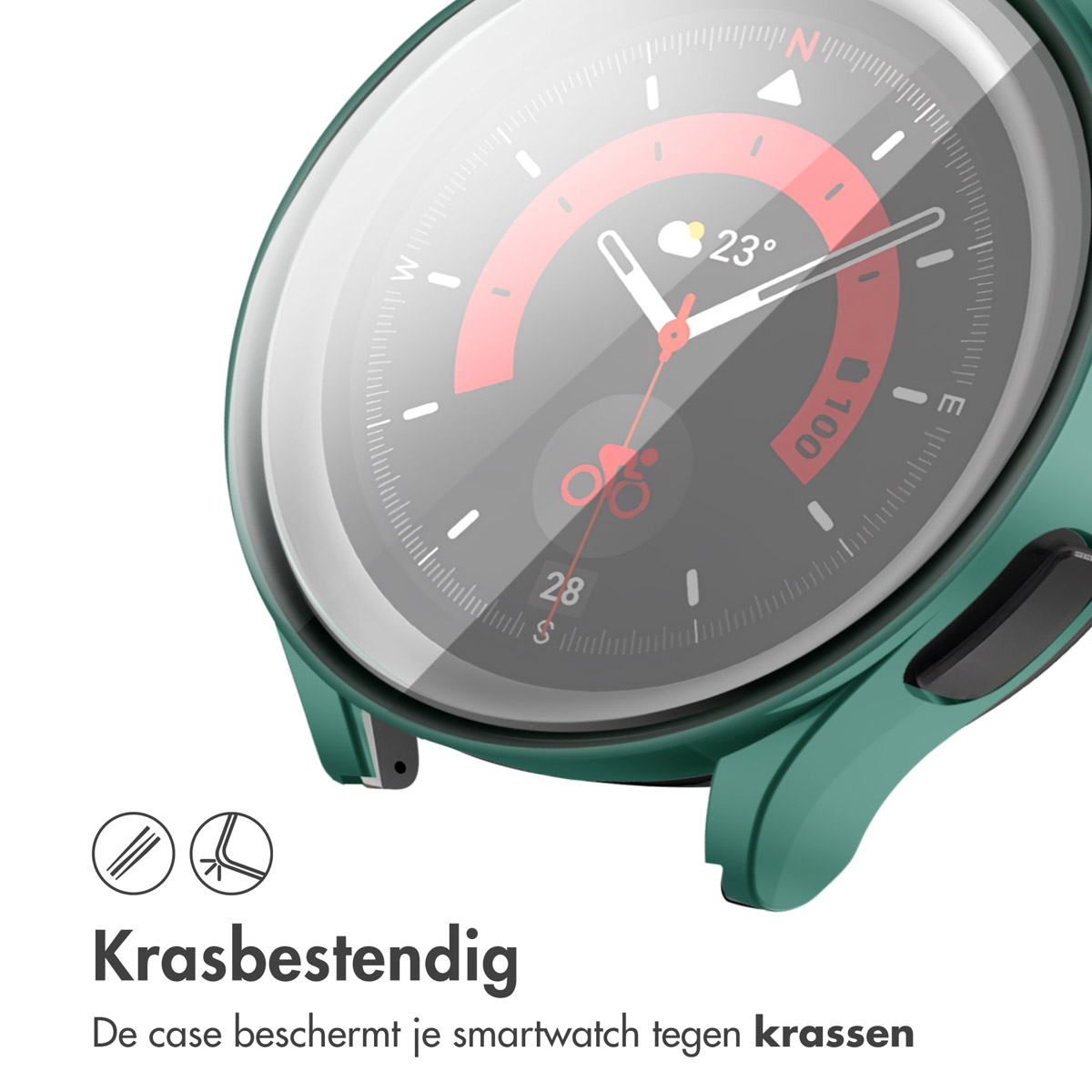 Groene smartwatch met transparante hoes. De wijzerplaat toont tijd en gegevens.