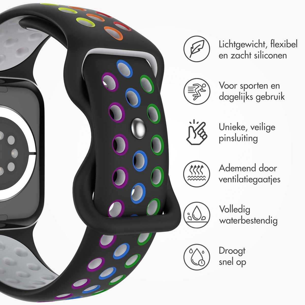 Black smartwatch band with colorful holes. Icons indicate breathability, water resistance, and quick drying.