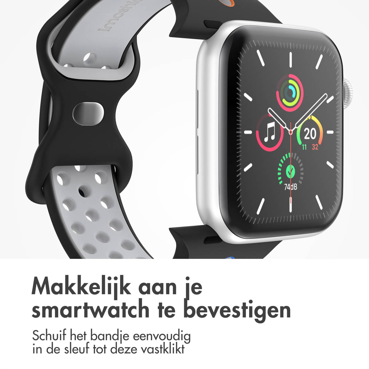 A black and grey smartwatch band attaches to a silver smartwatch.