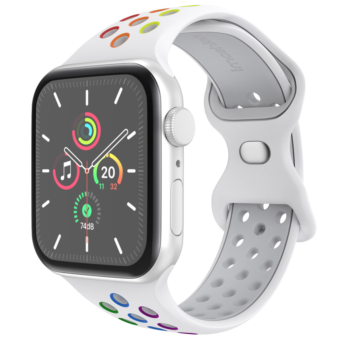 White watch band with colorful holes. The watch is white with a black screen. The band has multiple colors.