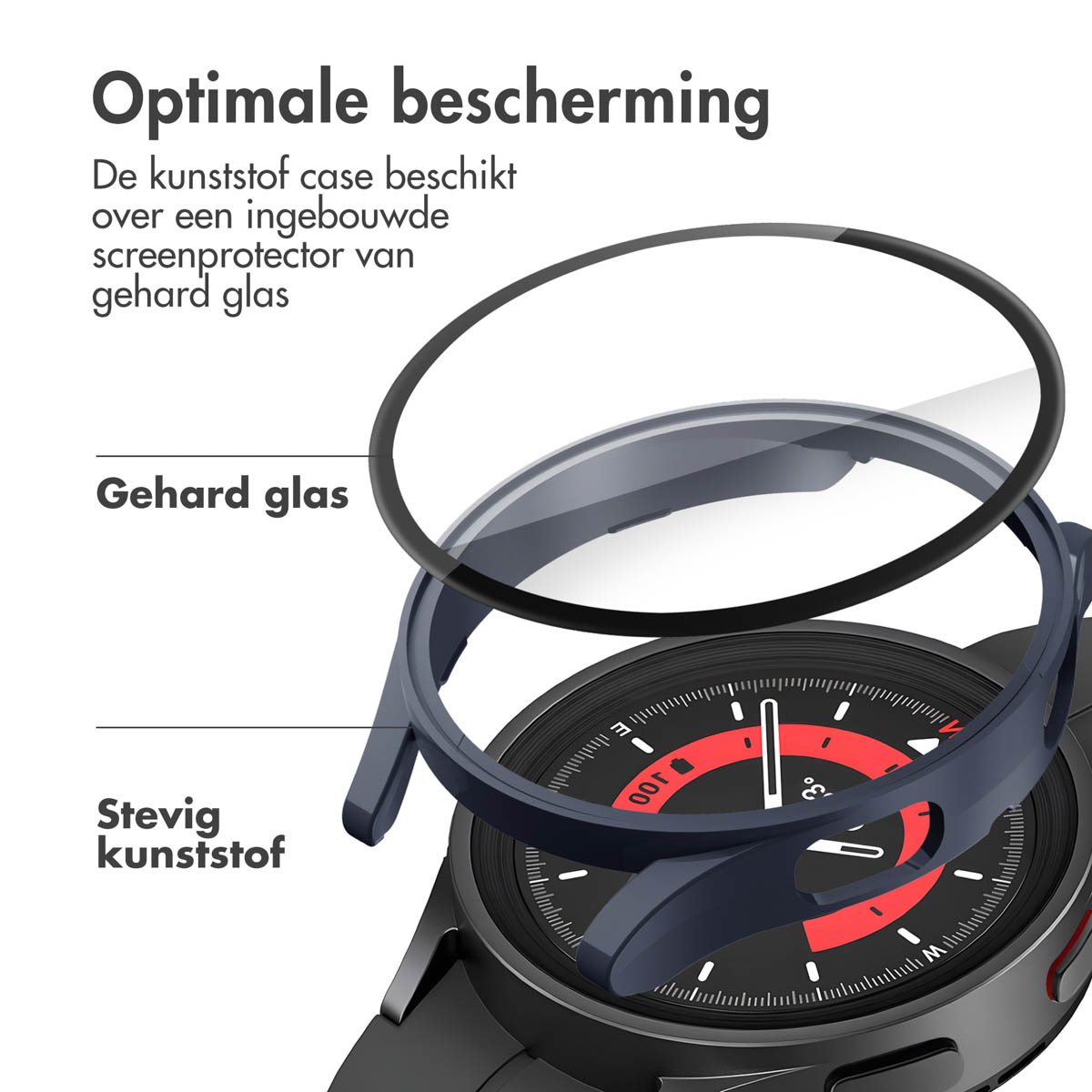 Beschermhoes voor een horloge. Tekst toont dat de hoes is gemaakt van gehard glas en stevig plastic.