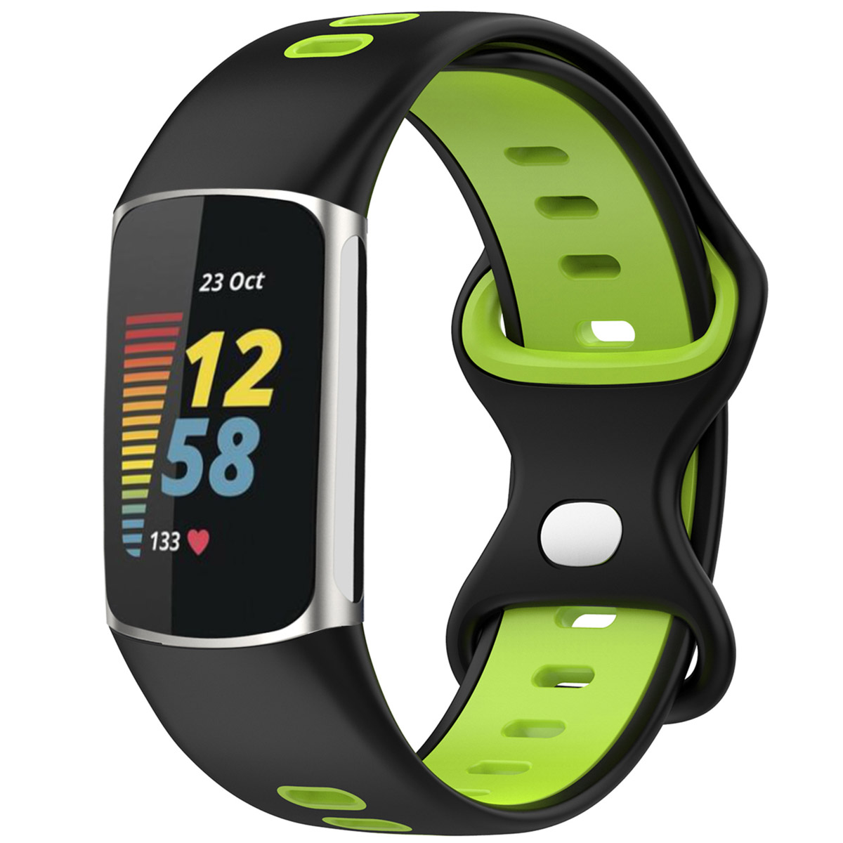 A black fitness band with green accents and a digital display.