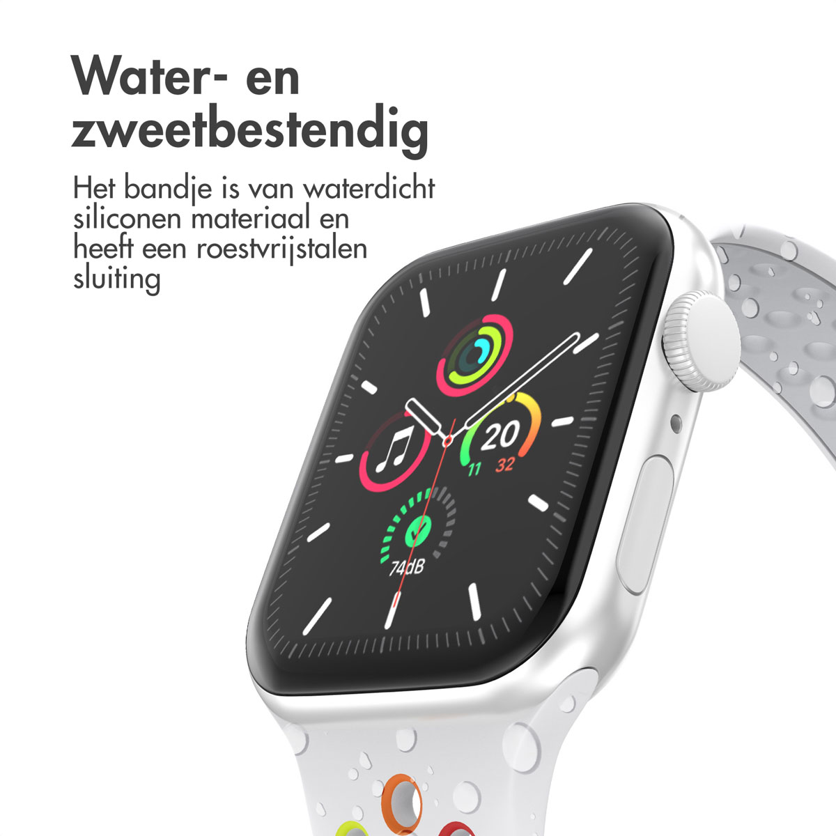 A white smartwatch with a black screen displaying time and activity data is on a white strap with colorful accents. Text overlay reads 'Water- and sweat resistant'.