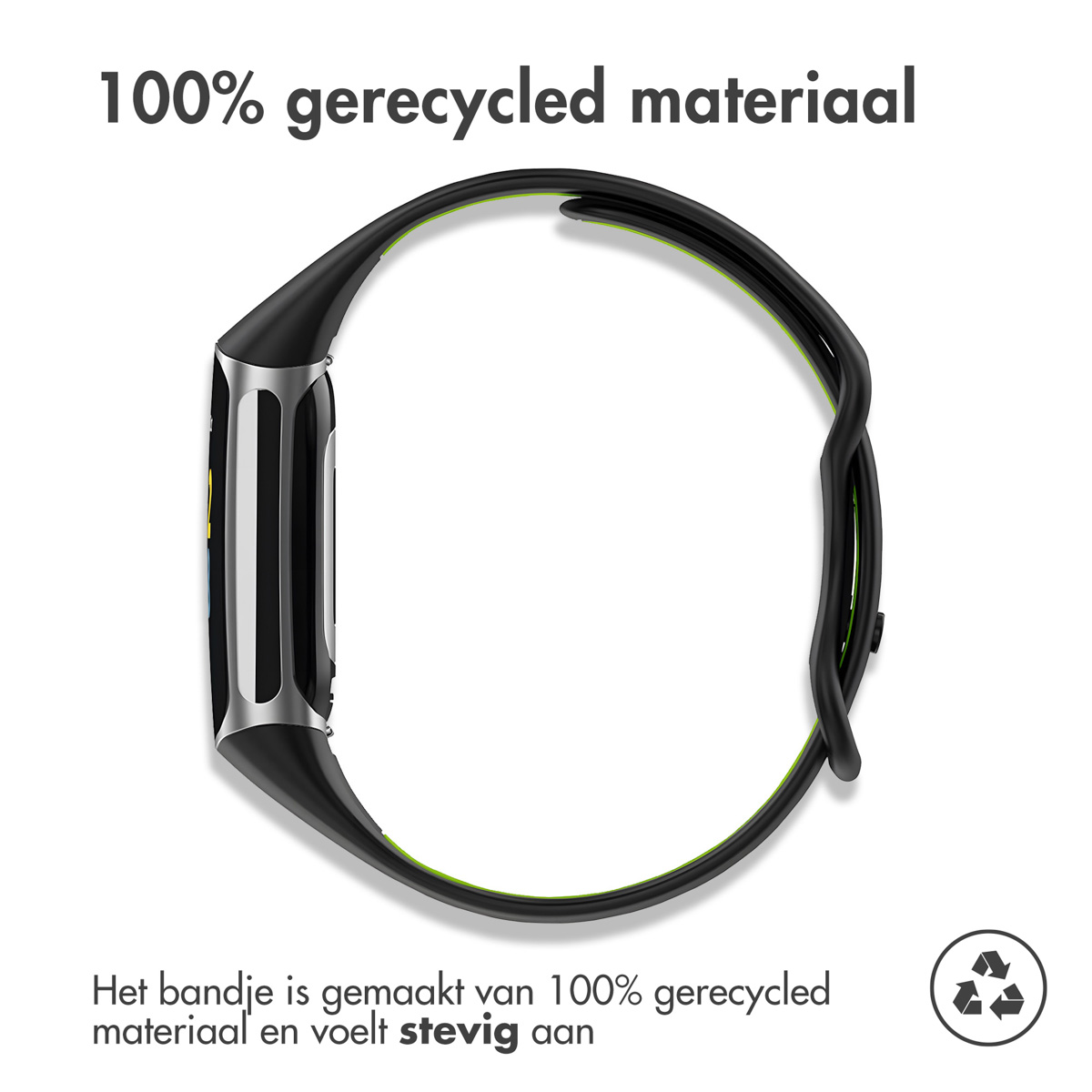 Black band made of 100% recycled material with silver accents.
