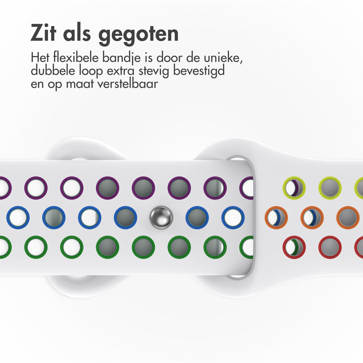 White watch strap with colorful holes and a silver clasp. Text in Dutch at the top. Strap's design is highlighted.