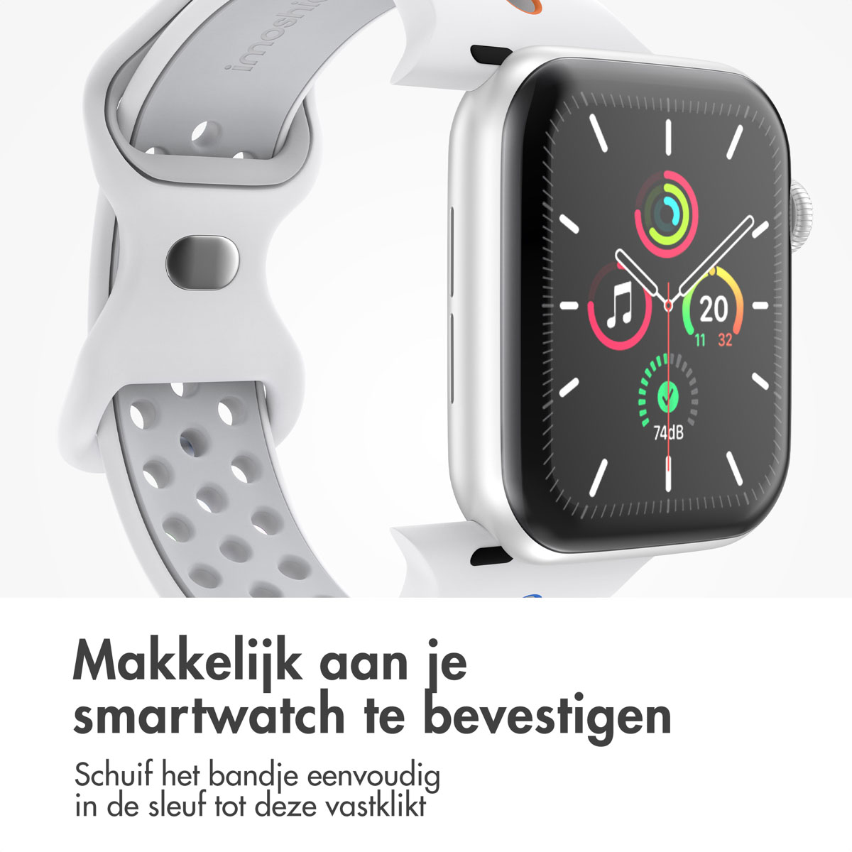 A white smartwatch with a white and grey band. The watch face displays app icons and time. Text below says 'Easy to attach'.