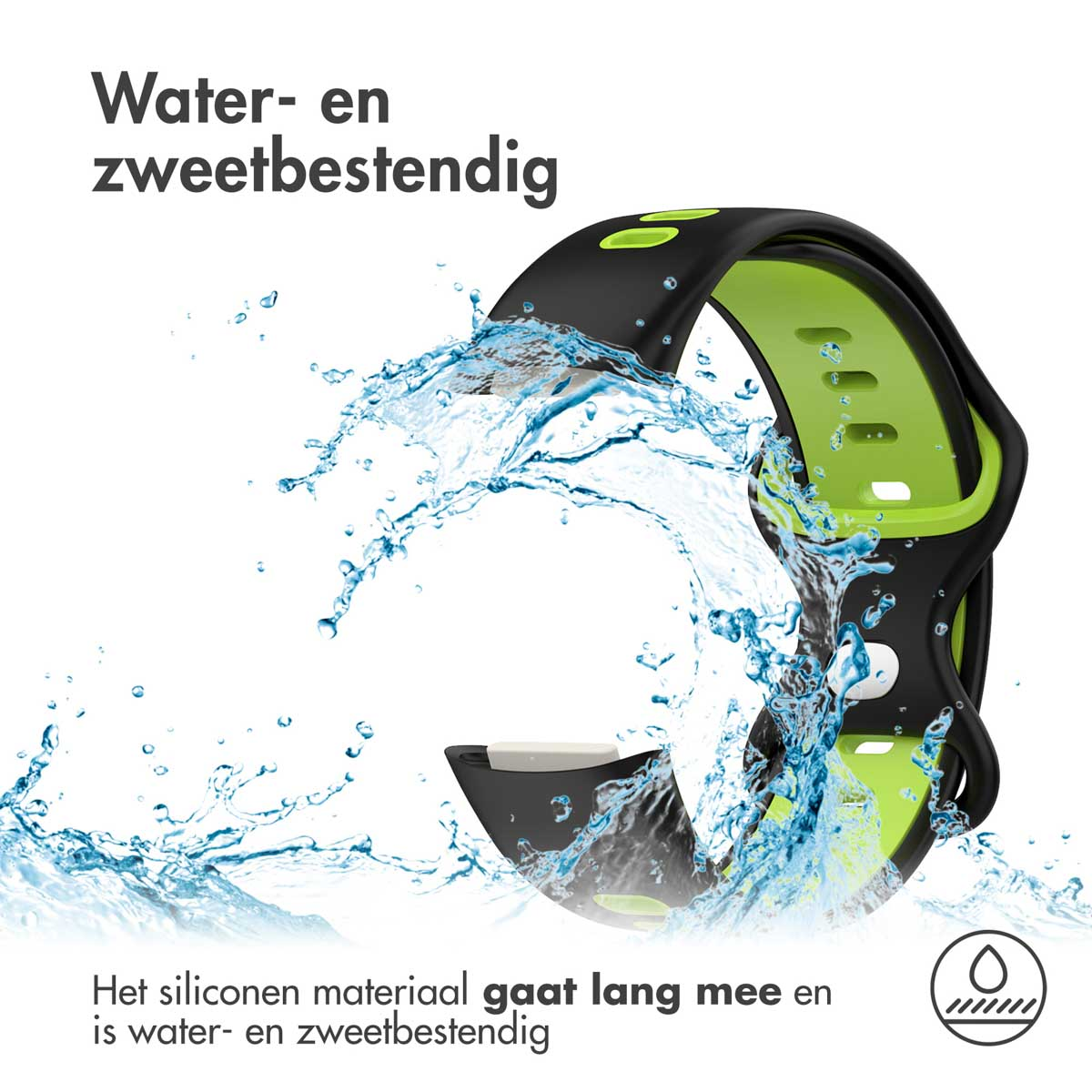 A black and green watch band is surrounded by water splashes. Water resistant.