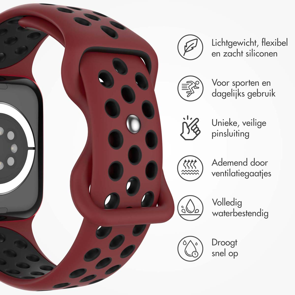Red Apple Watch with red and black band. Band has holes. Icons indicate lightweight, sport, and waterproof.