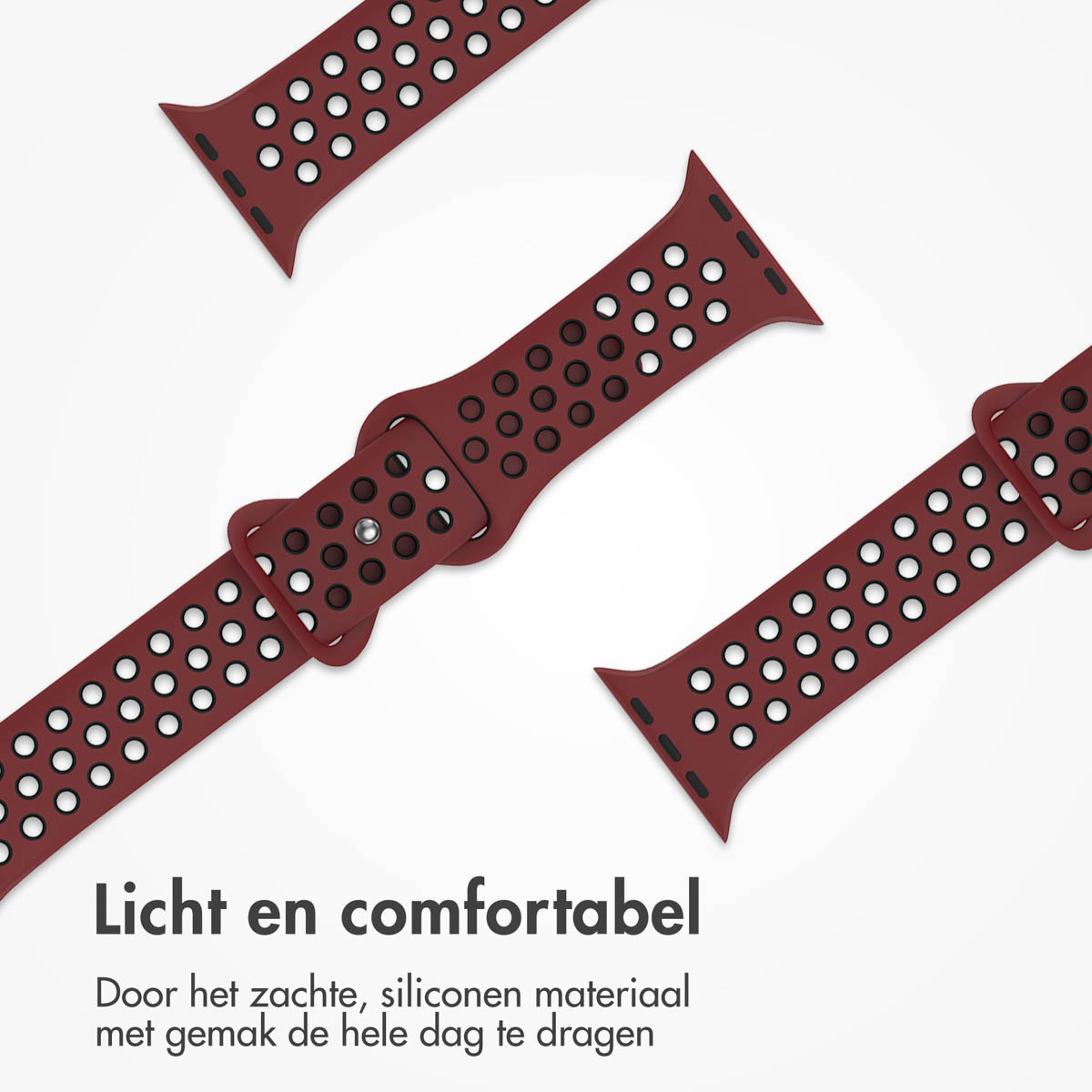 Close-up of maroon watch bands with white circular perforations. The bands are on a white background. Text at the bottom reads 'Light and comfortable'.
