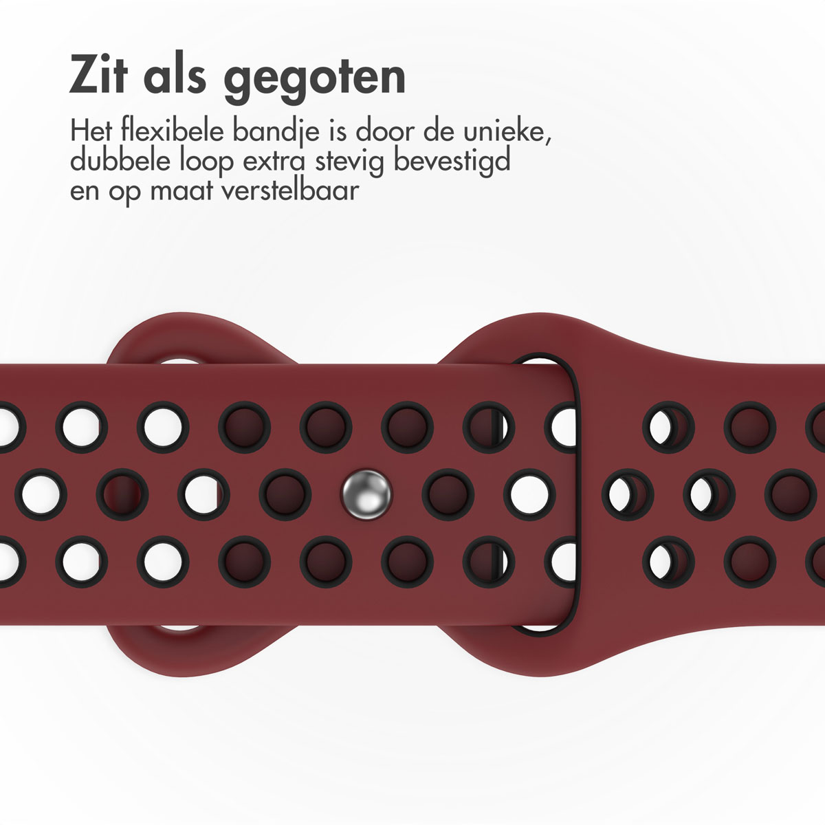 Close-up of a maroon watch strap with white holes and a silver clasp. The text at the top describes the strap's features.