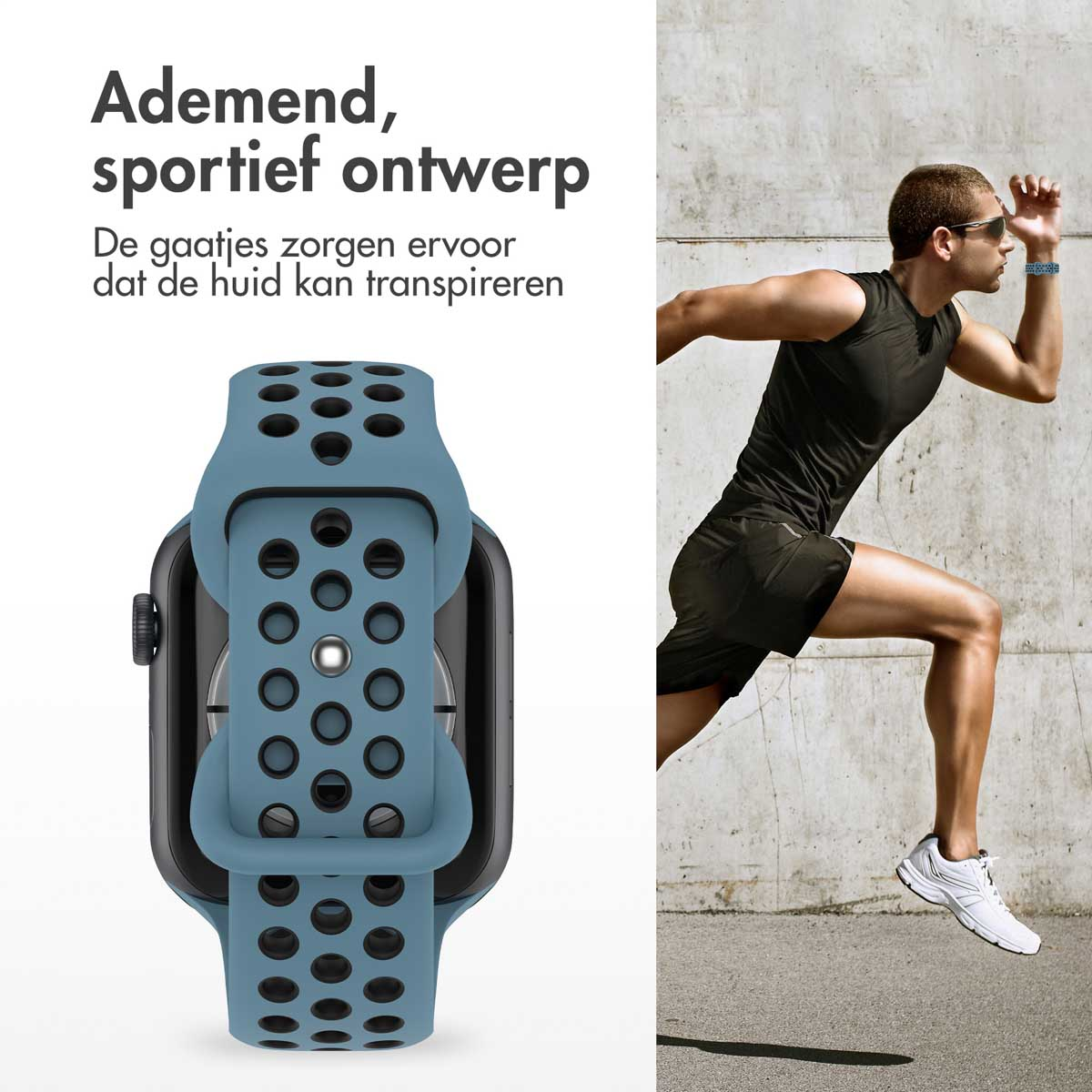 A man runs with a watch on. The watch strap is blue with black holes. Text is present: 'Breathable, sporty design'.